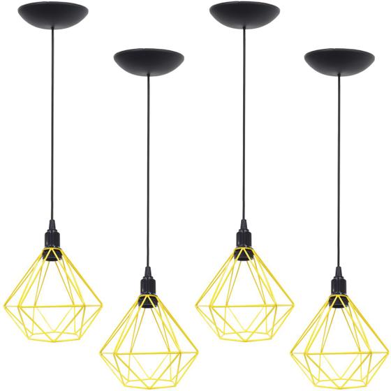 Imagem de 4 Pendentes Aramado Diamante Luminária Lustre P Teto Retrô Vintage Industrial Balcão Amarelo