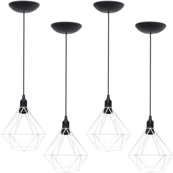 Imagem de 4 Pendentes Aramado Diamante Luminária Lustre P Teto Retrô Vintage Industrial Balcão Branco