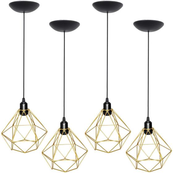 Imagem de 4 Pendentes Aramado Diamante Luminária Lustre P Teto Retrô Vintage Industrial Balcão Dourado