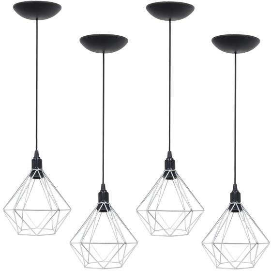 Imagem de 4 Pendentes Aramado Diamante Luminária Lustre P Teto Retrô Vintage Industrial Balcão Prata