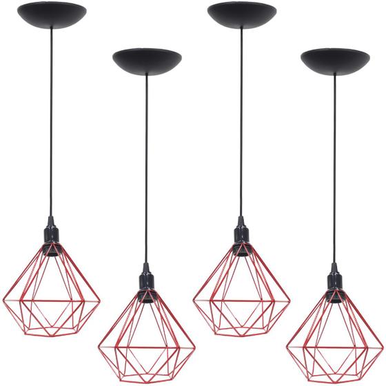 Imagem de 4 Pendentes Aramado Diamante Luminária Lustre P Teto Retrô Vintage Industrial Balcão Vermelho