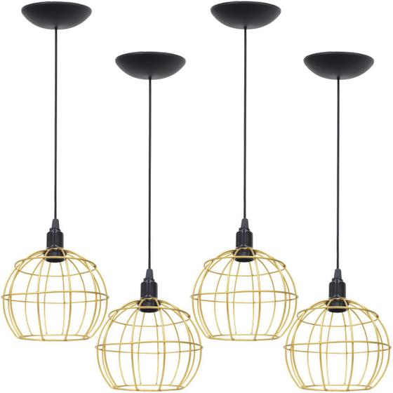 Imagem de 4 Pendentes Aramado Globo Luminária Lustre Teto Retrô Vintage Industrial Balcão Dourado