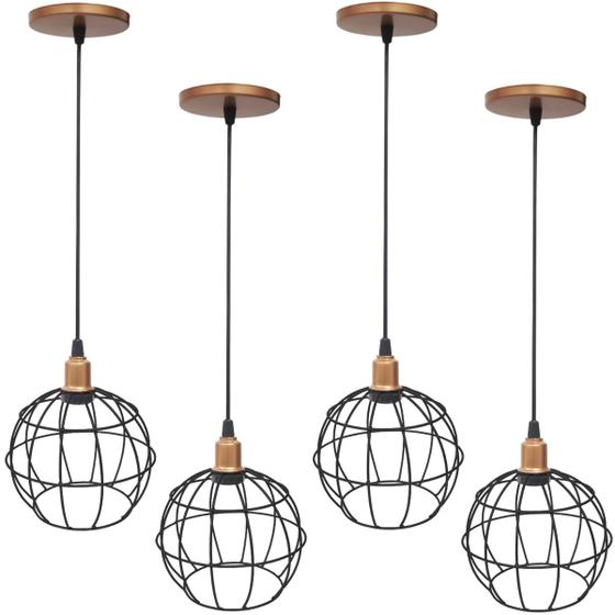 Imagem de 4 Pendentes Aramado Globo Preto Luminária Lustre Industrial Teto Vintage Cobre Rose Agp Ilumini