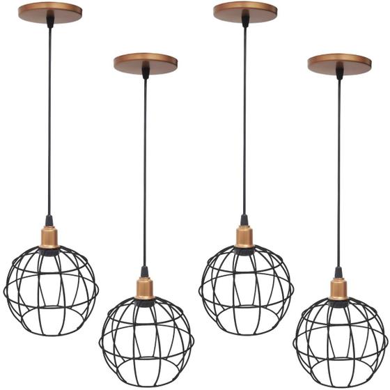 Imagem de 4 Pendentes Aramado Globo Preto Luminária Lustre Industrial Teto Vintage Cobre Rose Agp Ilumini