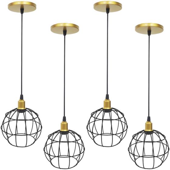 Imagem de 4 Pendentes Aramado Globo Preto Luminária Lustre Industrial Teto Vintage Dourado Agp Ilumini