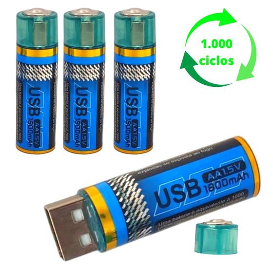 Imagem de 4 Pilhas Aa Recarregável Usb 1.5v Pequena Cilíndrica Bateria Cartela Durável Econômica Energia Comum