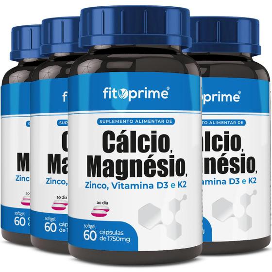 Imagem de 4 Pote Cálcio Magnésio Zinco Vitaminas D3 K2 Com 60 Cápsulas Fitoprime