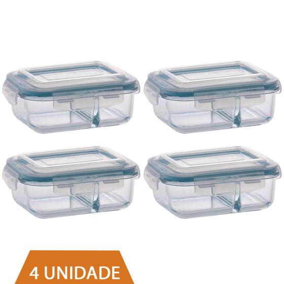 Imagem de 4 Pote de Vidro 640ml Retangular Divisória Marmita Fitness