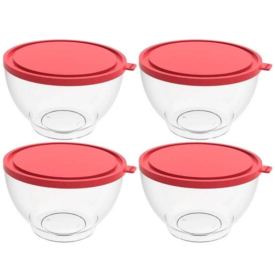 Imagem de 4 Potes com Tampa 3,1L Redondo Hermético Bacia Alimentos Frutas Transparente e Vermelho Crippa