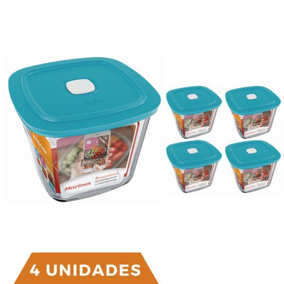 Imagem de 4 Potes Vidro Quadrado Alto Com Tampa Facilita Marinex 1L