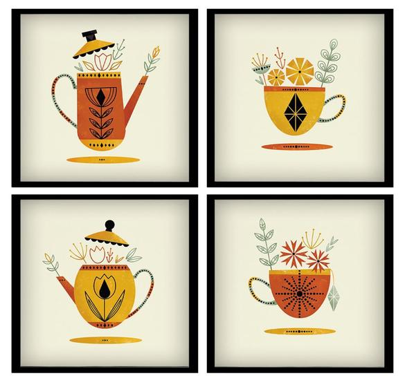Imagem de 4 quadrinhos decorativos com moldura chá café da tarde cozinha área gourmet
