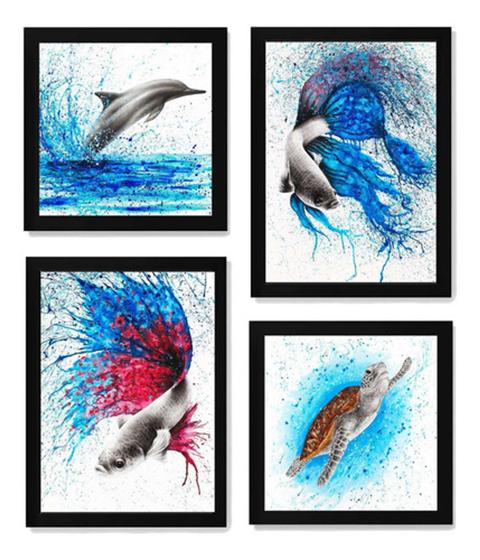 Imagem de 4 Quadros Artes Peixe Tartaruga Golfinho Mar Decoração