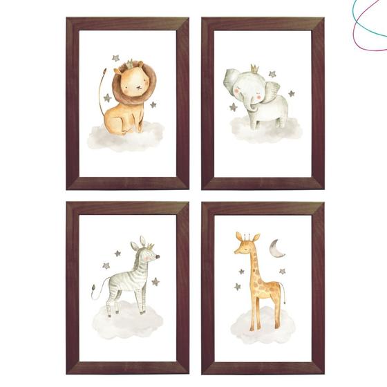 Imagem de 4 Quadros Decorativos Infantil Safari Baby Aquarela moldura