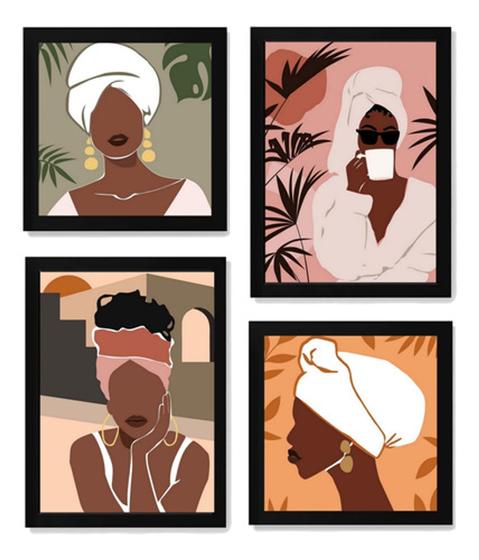 Imagem de 4 Quadros Decorativos Mulher Afro Arte Simplista