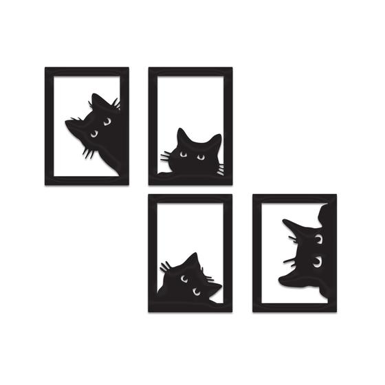 Imagem de 4 Quadros Gato Vazado Decorativo Cat c/ Auto Colante em PET Preto