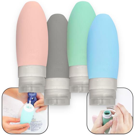 Imagem de 4 Quatro Frascos Potes 90ml de Silicone Reutilizáveis para Cremes, Pastas + Bolsinha de Plástico Zip