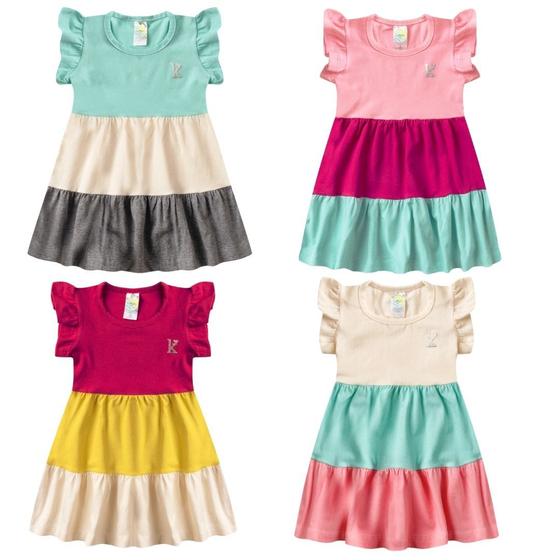 Imagem de 4 Vestido Verão Menina Rodado 3 Marias Roupa criança Feminino Infantil Juvenil Algodão + Cotton Babado Frizado Colorido