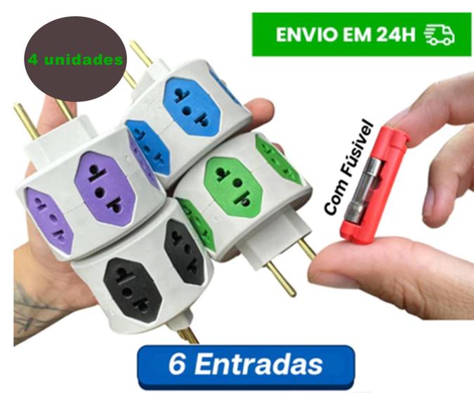 Imagem de 4 x Adaptador de Tomada 6 Entradas 10A/20A Pino Maciço Resistente C/ Fusível Tomadas