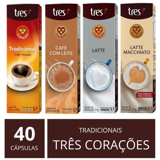 Imagem de 40 Cápsulas Mix Três Corações Variados: Cappuccino Café Chás