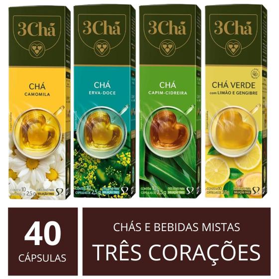 Imagem de 40 Cápsulas Mix Três Corações Variados: Cappuccino Café Chás