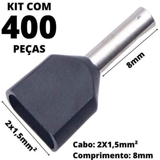 Imagem de 400un Terminal Tubular Ilhós Pré-isolado Duplo Para Cabo de 1,5mm² Metal 8mm Preto TE1508