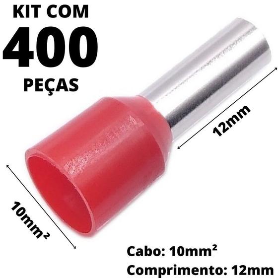 Imagem de 400un Terminal Tubular Ilhós Pré-isolado Simples Para Cabo de 10mm² Metal 12mm Vermelho E10-12