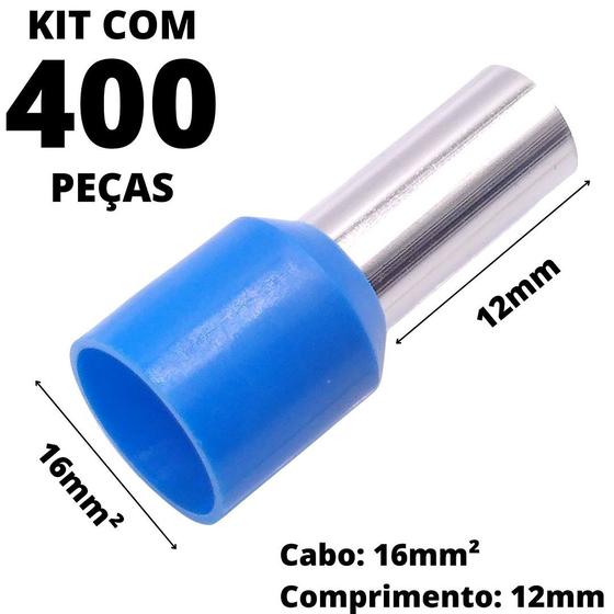 Imagem de 400un Terminal Tubular Ilhós Pré-isolado Simples Para Cabo de 16mm² Metal 12mm Azul E16-12