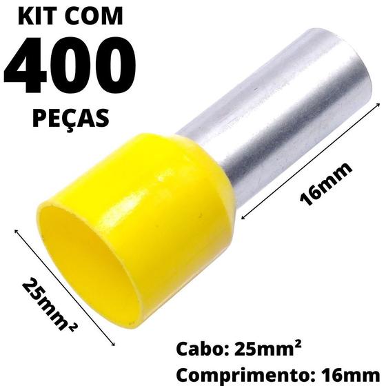 Imagem de 400un Terminal Tubular Ilhós Pré-isolado Simples Para Cabo de 25mm² Metal 16mm Amarelo E25-16