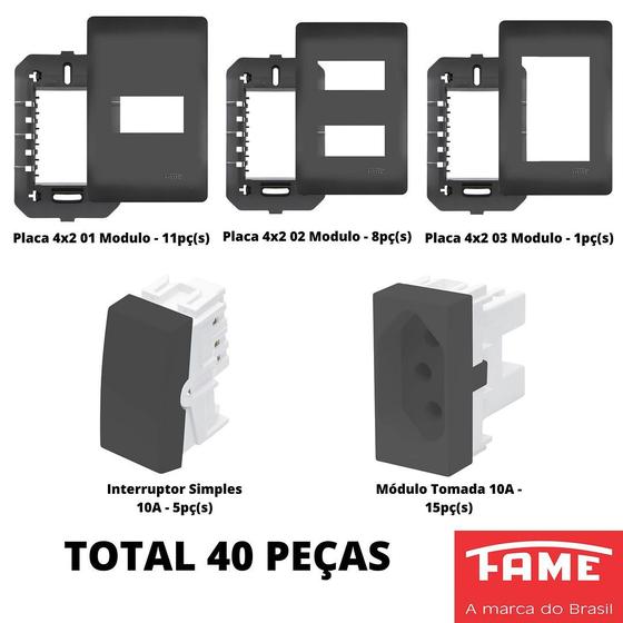 Imagem de 40un Modulos Tomada Interruptor Com Placa 4x2 Habitat Black FAME K32