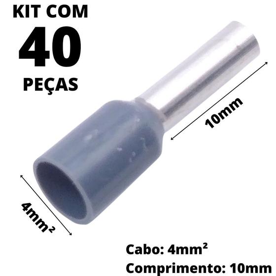 Imagem de 40un Terminal Tubular Ilhós Pré-isolado Simples Para Cabo de 4mm² Metal 10mm Cinza E4010