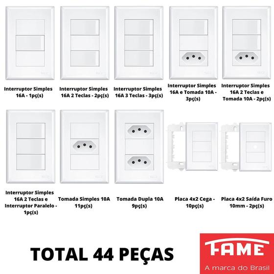 Imagem de 44un Tomadas e Interruptores 4x2 Com Placa Evidence FAME