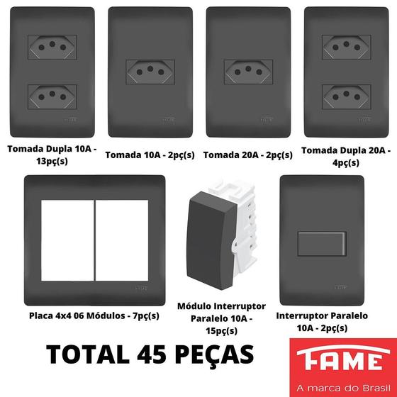 Imagem de 45un Tomadas Interruptores Com Placa 4x2 4x4 Habitat Black FAME K36