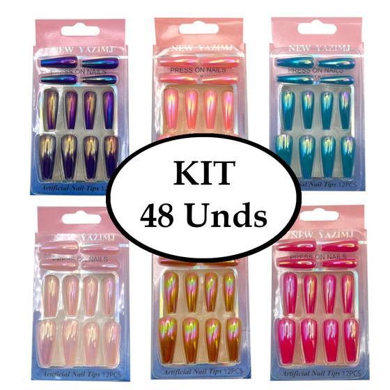 48 Unhas Postiças Bailarina Realista Metálica Decorada Autocolante Longa -