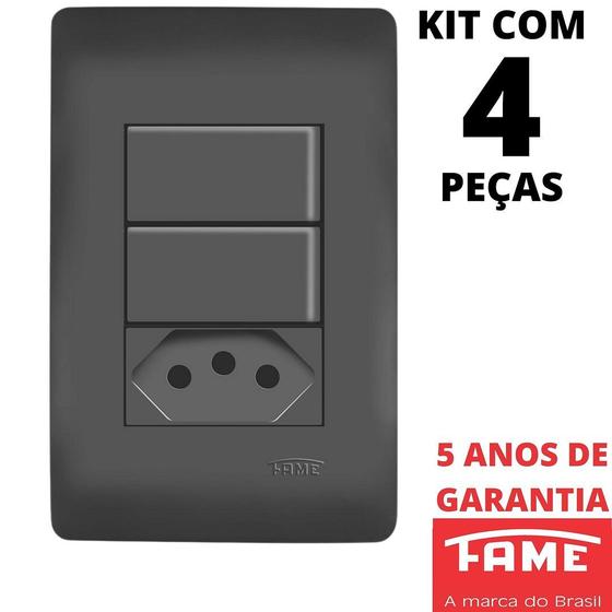 Imagem de 4un Interruptor Simples 10A 2 Teclas e Tomada Padrão 2P+T 20A Com Placa 4x2 Habitat Black FAME