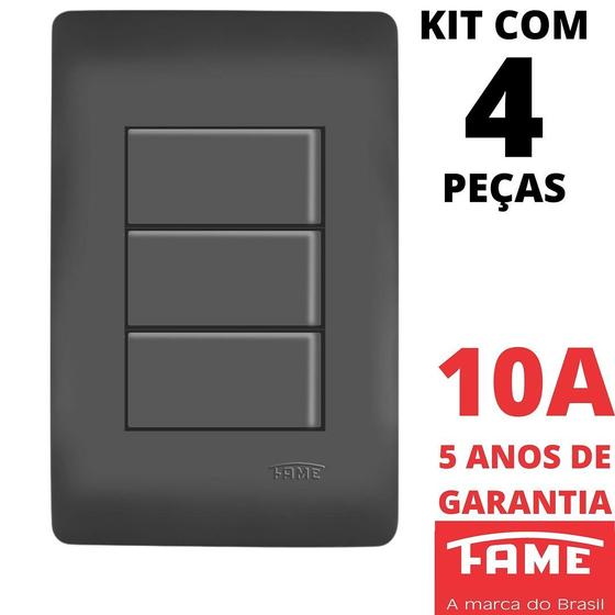 Imagem de 4un Interruptor Simples 3 Teclas 10A Com Placa 4x2 Habitat Black FAME