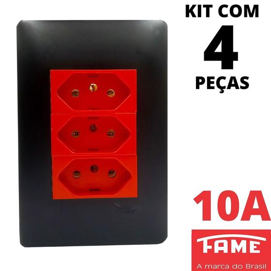 Imagem de 4un Tomada Padrão Tripla 2P+T 10A Vermelha Com Placa Habitat Black FAME