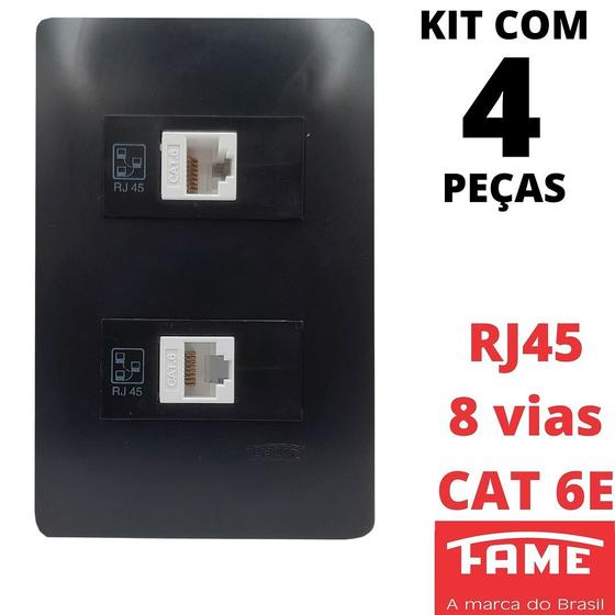 Imagem de 4un Tomada Rede RJ45 CAT 6E 8 Vias Dupla Com Placa Habitat Black FAME