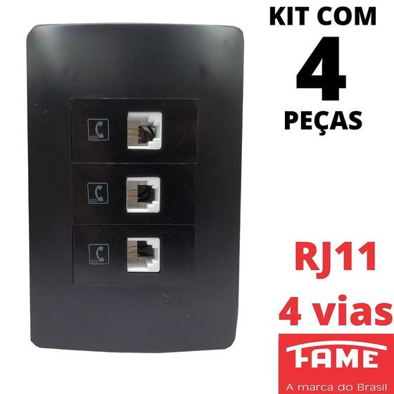 Imagem de 4un Tomada Telefone RJ11 4 Vias Tripla Com Placa Habitat Black FAME