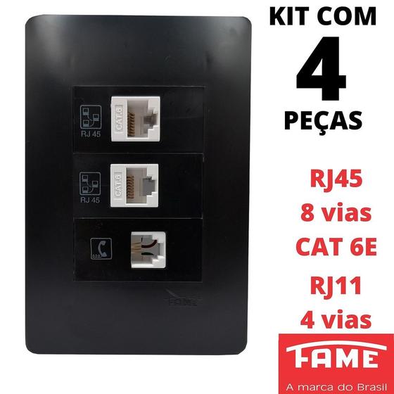 Imagem de 4un Tomada VD RJ11 4 Vias RJ45 CAT 6E 8 Vias Dupla Com Placa Habitat Black FAME
