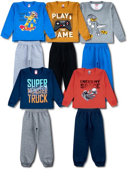 Imagem de 5 Conjuntos Moletom Infantil Masculino Roupa de Inverno Menino 4 Peças - 5 Blusas e 5 Calças