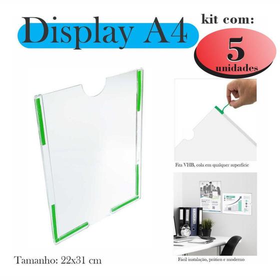 Imagem de 5 Displays A4 Expositor Porta Folha Quadro Aviso Parede Petg