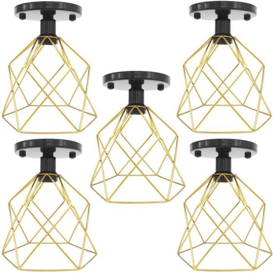 Imagem de 5 Lustres Teto Plafon Industrial Aramado Cálice Dourado Retrô Luminária Vintage Preto Agp Ilumini