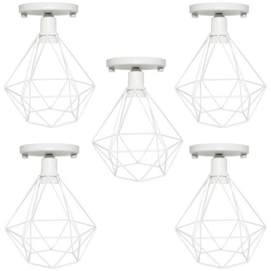 Imagem de 5 Lustres Teto Plafon Industrial Aramado Diamante Retrô Luminária Sobrepor Vintage Branco Agp