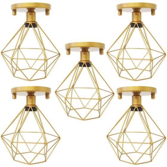 Imagem de 5 Lustres Teto Plafon Industrial Aramado Diamante Retrô Luminária Sobrepor Vintage Dourado