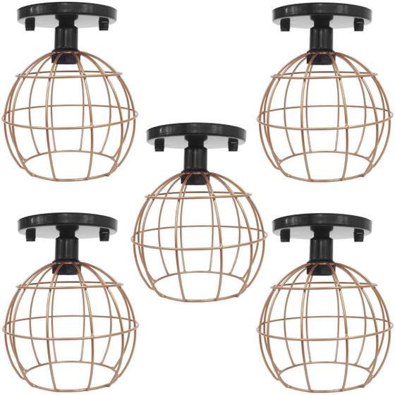 Imagem de 5 Lustres Teto Plafon Industrial Aramado Globo Cobre Rose Retrô Luminária Vintage Preto Agp Ilumini