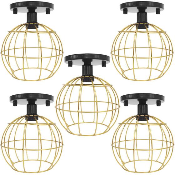 Imagem de 5 Lustres Teto Plafon Industrial Aramado Globo Dourado Retrô Luminária Vintage Preto Agp Ilumini