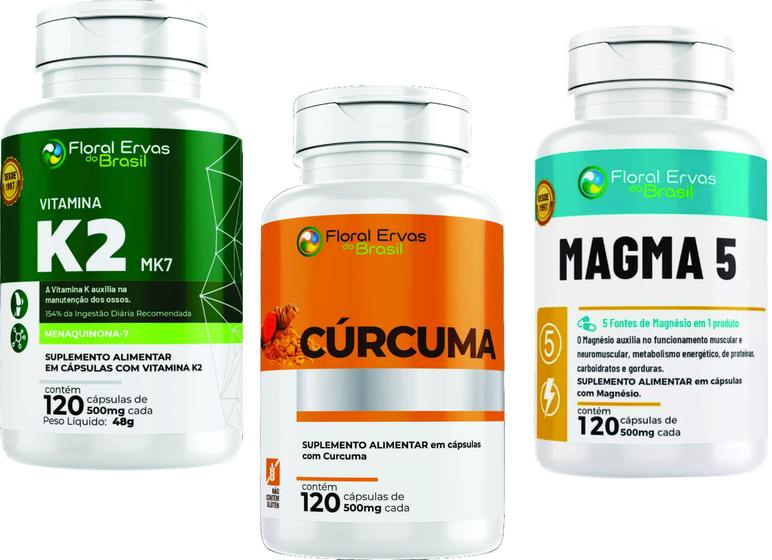 Imagem de 5 Magnesio 120 caps  + Cur cuma 120 caps + Vitamina K2  120 cáps kit 3 frascos de 120 capsulas 500mg  total 360 caps