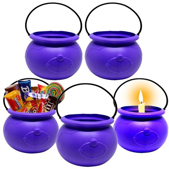 Imagem de 5 Mini Caldeirão Dia das Bruxas Roxo Doces Vela Halloween Decoração de Mesa