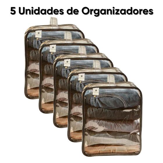 Imagem de 5 Organizadores de Guarda Roupa Tênis Roupas Camisetas Calças Jaquetas PVC Resistentes Impermével C/ zíper Alça 