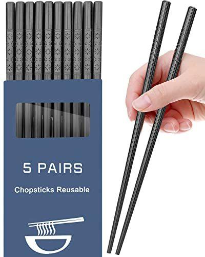 Imagem de 5 pares reutilizáveis Chopsticks máquina de lavar louça segura, 9,5 polegadas de fibra de vidro Chopsticks Set, japonês chinês coreano Chopsticks para alimentos, antiderrapante, fácil de usar (pauzinhos pretos)